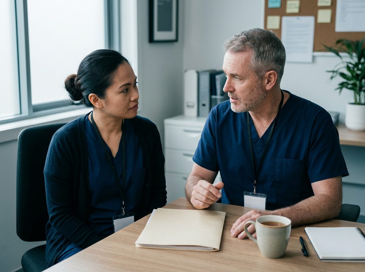 Two nurses talking seriously at a desk in an aged care office