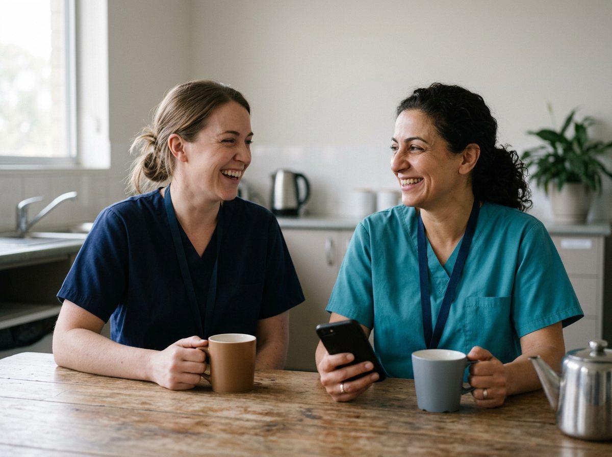 Two nurses sharing tea and a laugh in a staff room