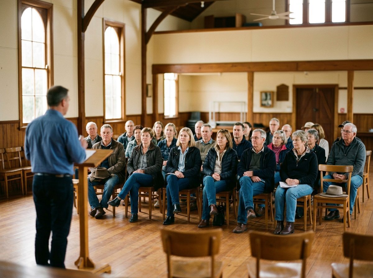 Community members seated in a local hall listening to a speaker