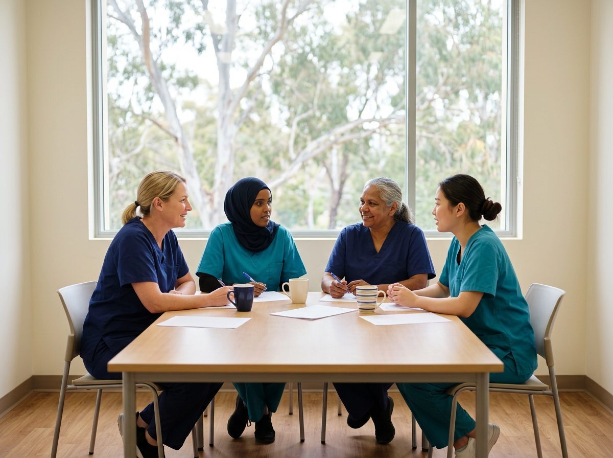 Four nurses talking around a table in a bright hospital meeting room