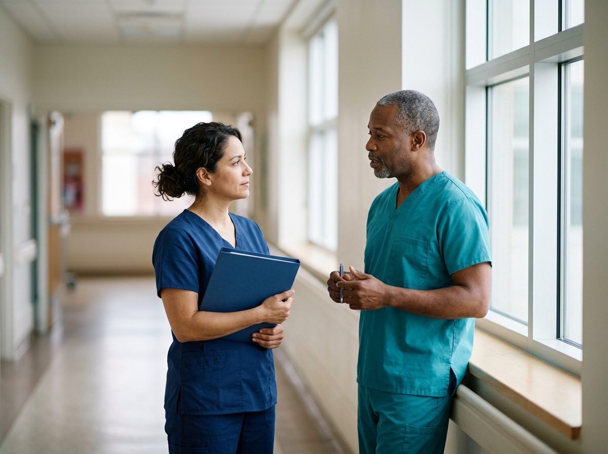 Two nurses talking in a hospital corridor beside a window