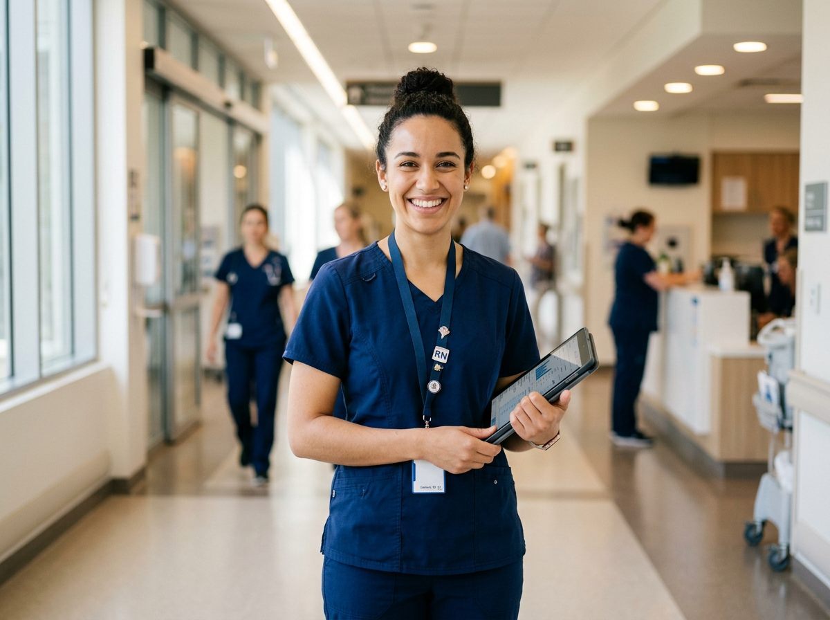 A smiling new graduate nurse in navy scrubs holding a tablet in a hospital corridor