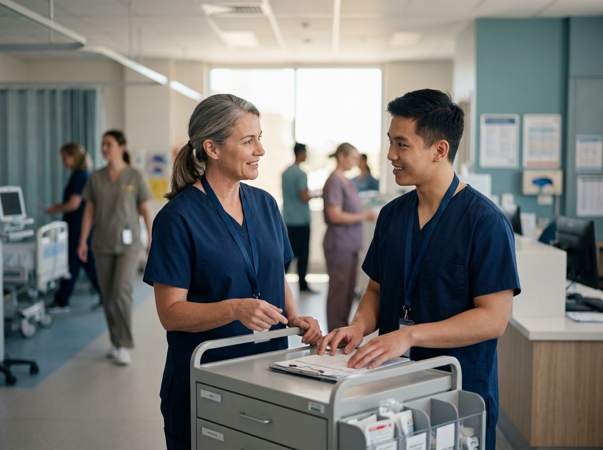An experienced nurse guiding a new graduate nurse beside a medication trolley
