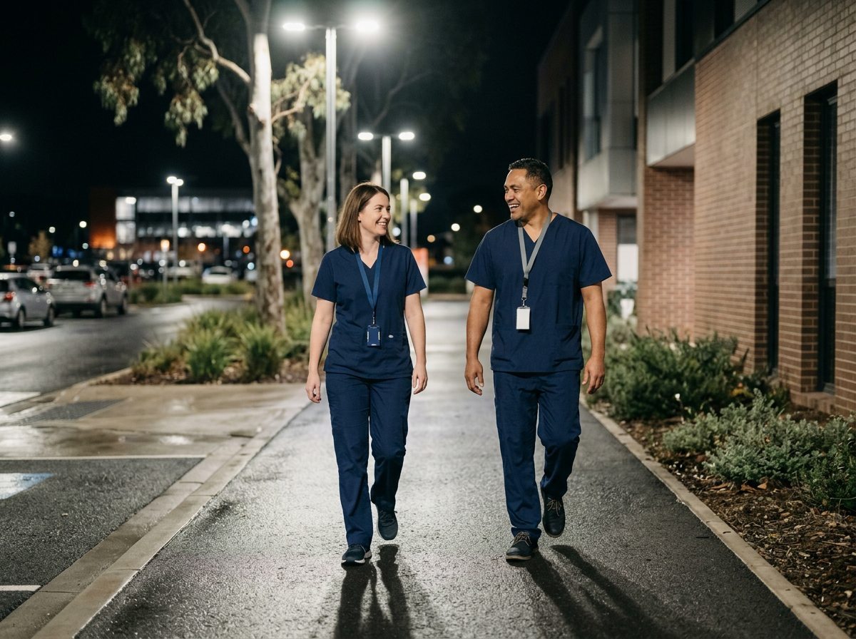 Two nurses walking and chatting together along a well lit hospital footpath at night