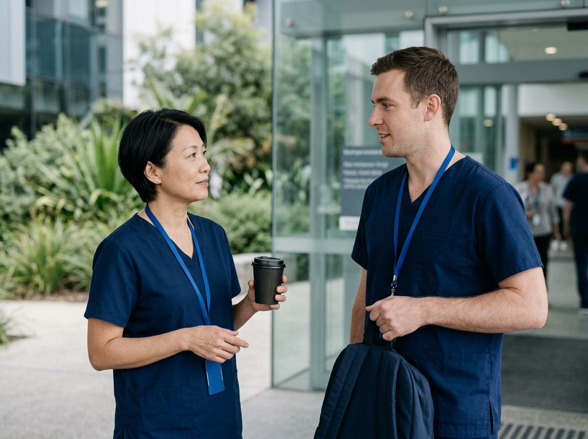 Two nurses talking at a hospital entrance at shift change