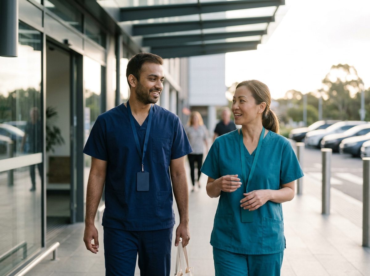 Two nurses chatting as they leave a hospital at the end of a shift