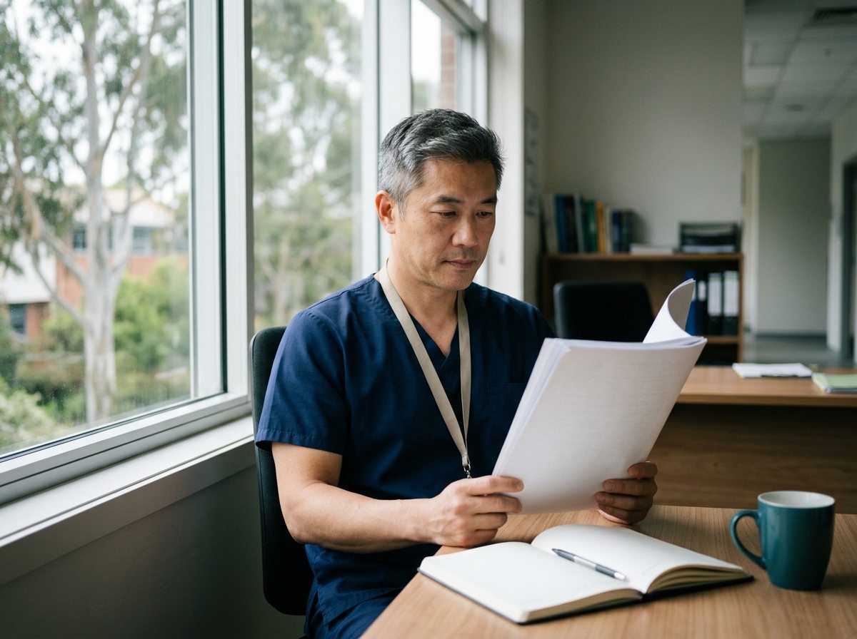 Nurse reading a document at a desk beside a window
