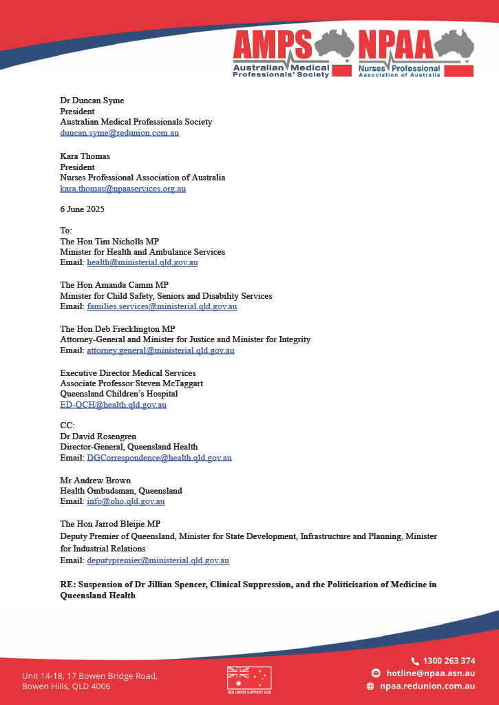 Suspension of Dr Jillian Spencer, Clinical Suppression, and the Politicisation of Medicine in Queensland Health